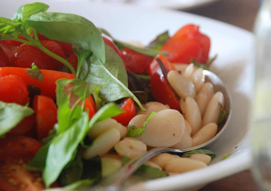 Lima beans, baby roma tomato & basil salad + red wine vinaigrette