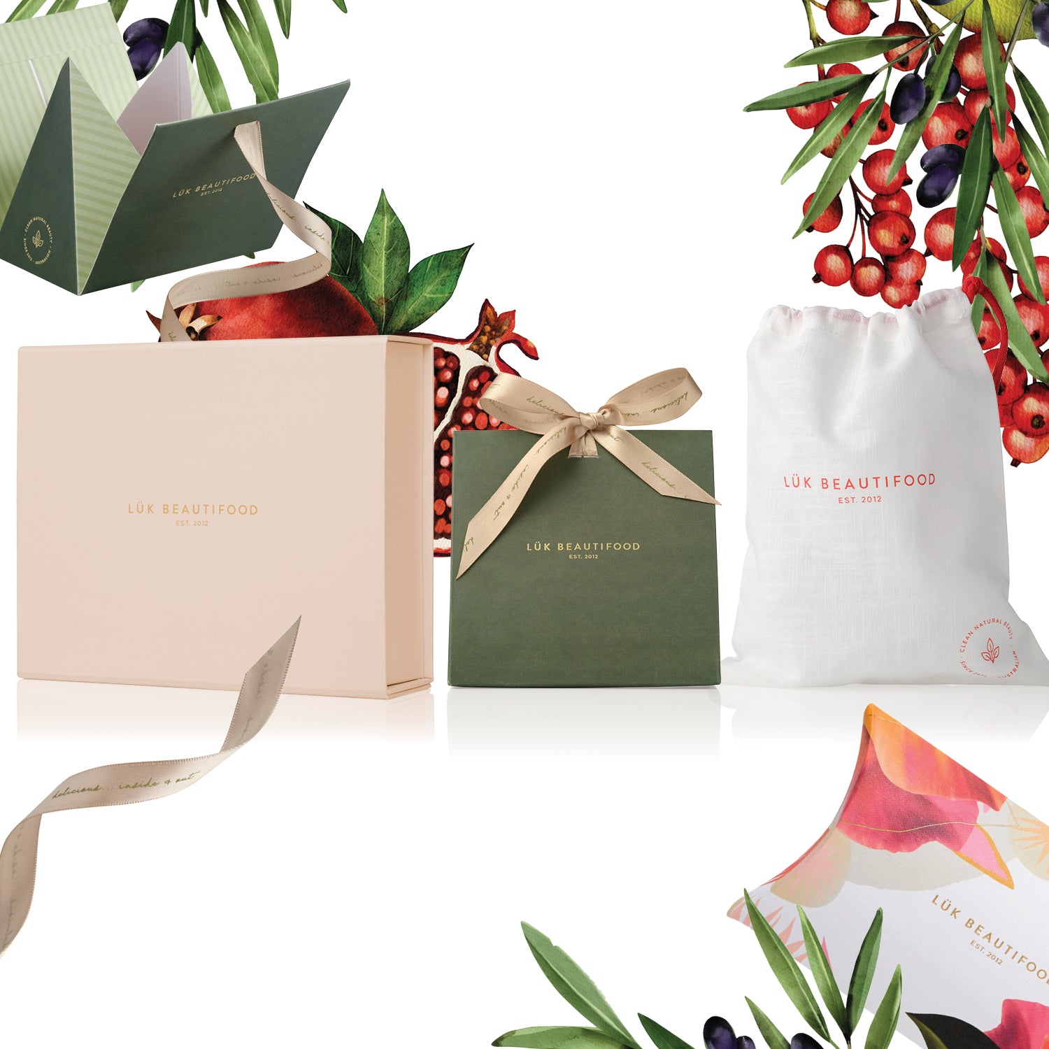Lux Beautifood packaging including boxes, bags, and a pouch with decorative elements.