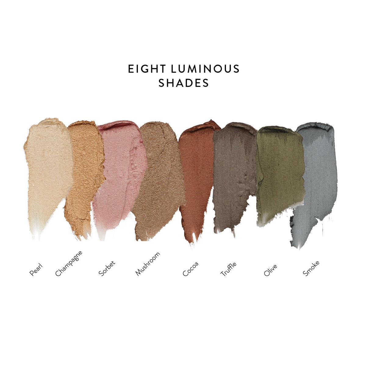 Eight Lük Beautifood Luminous Eye Crayon shades swatched: Pearl, Champagne, Sorbet, Mushroom, Cocoa, Truffle, Olive, Smoke