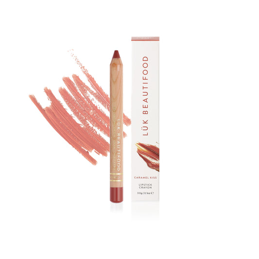 Luk Beautifood Natural Lipstick Crayon & lip liner in Nude shade Caramel Kiss. Vegan. Sustainable Packaging.
