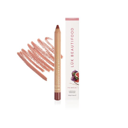Luk Beautifood Natural Lipstick Crayon & lip liner in neutral shade Luk Beautifood Natural Lipstick Crayon & lip liner in neutral shade Fig Brulee Vegan. Sustainable Beauty Packaging. Vegan.