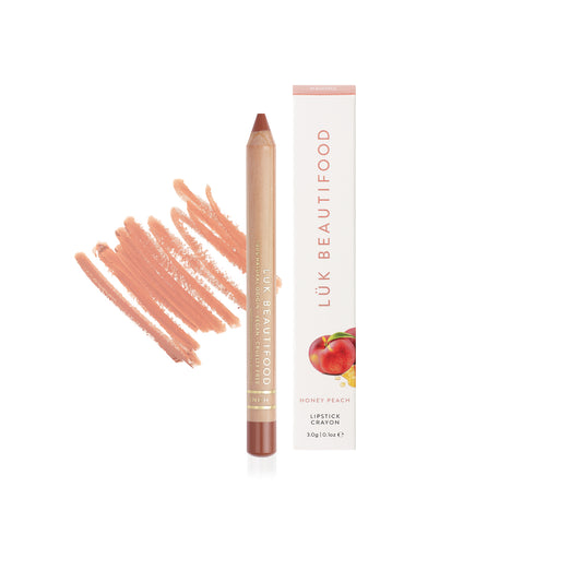 Luk Beautifood Natural Lipstick Crayon & lip liner in neutral shade Luk Beautifood Natural Lipstick Crayon & lip liner in neutral shade Honey Peach. Vegan. Sustainable Beauty Packaging. Vegan. 