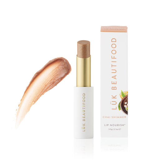 Lip Nourish Chai Shimmer - Golden beige. Barely there coverage. Tastes of delicious chai tea. 100% Natural Lipstick