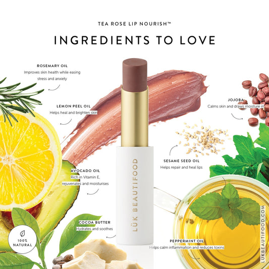 Lük Beautifood Lip Nourish natural lipstick in Tea Rose — a sheer dusky pink