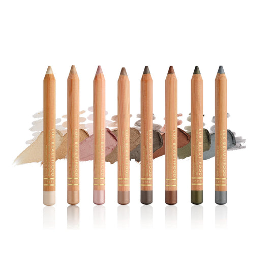 All eight Lük Beautifood Luminous Eye Crayon shades with swatches