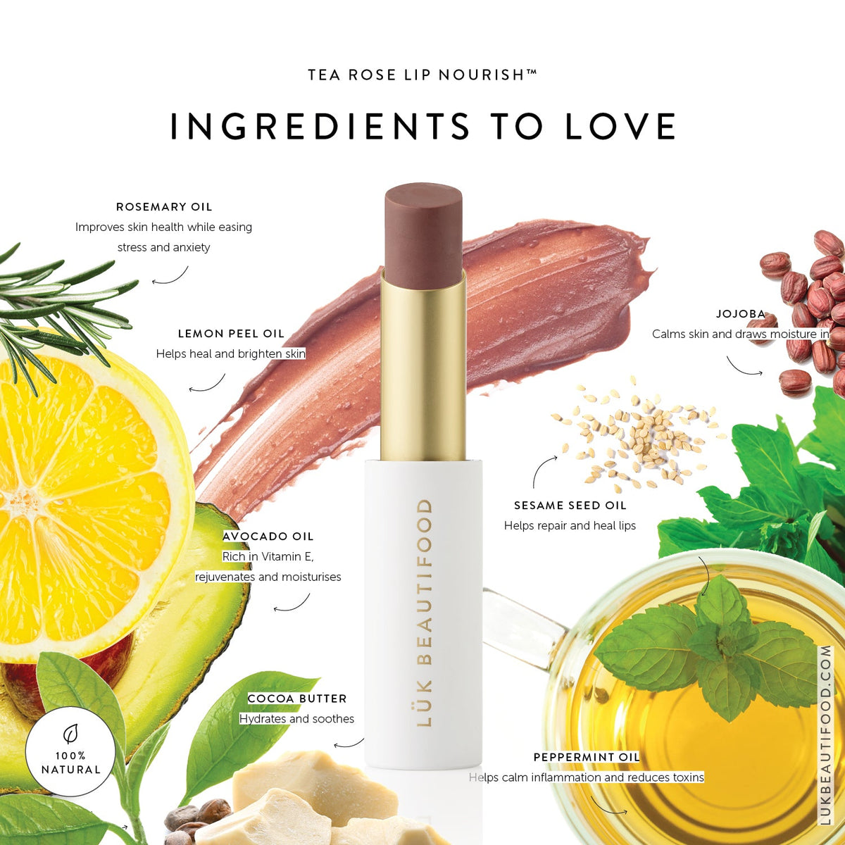 Lük Beautifood Lip Nourish in Tea Rose — medium dusky pink sheer natural lipstick