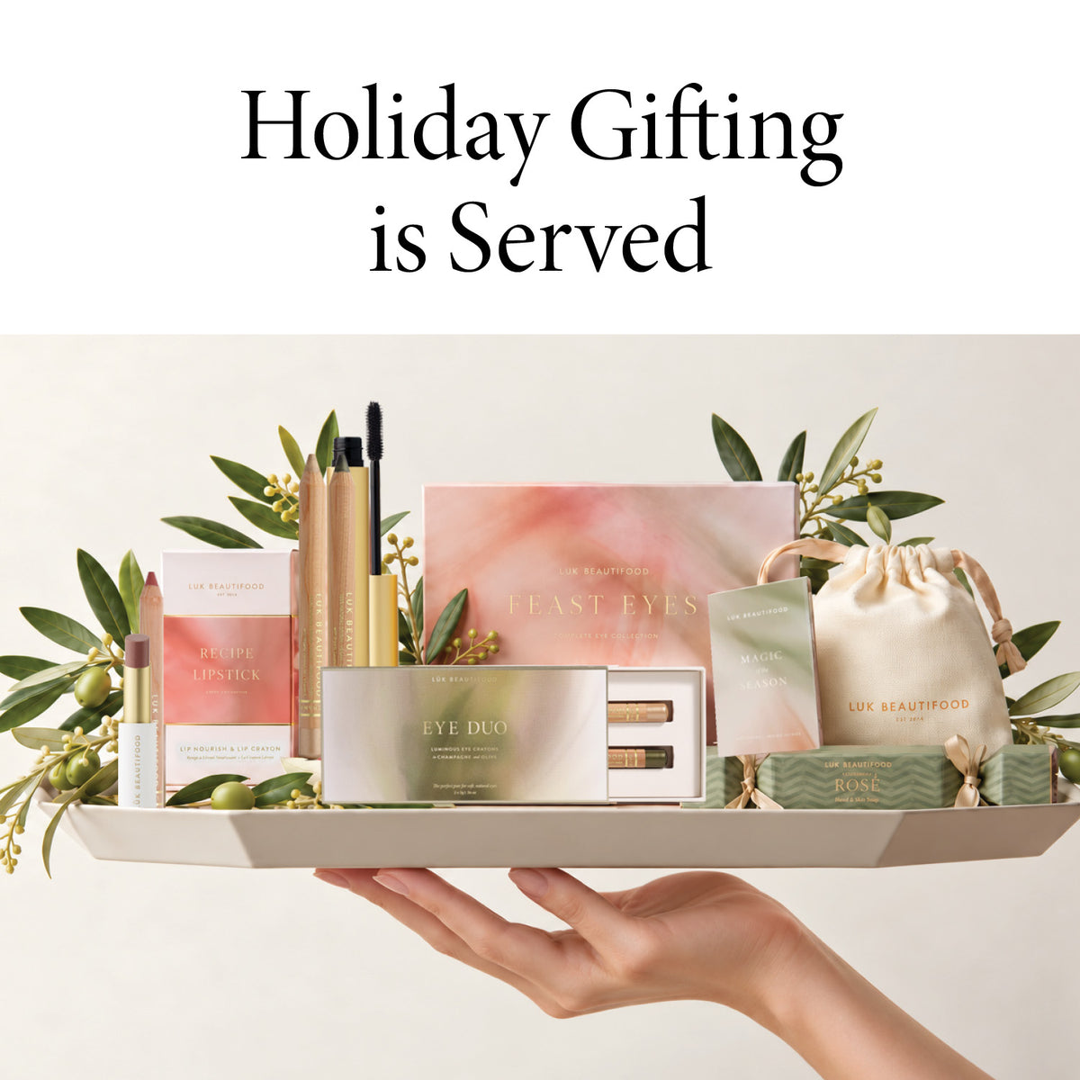 Holiday gifting is served: Lük Beautifood limited edition makeup gift sets served on a tray