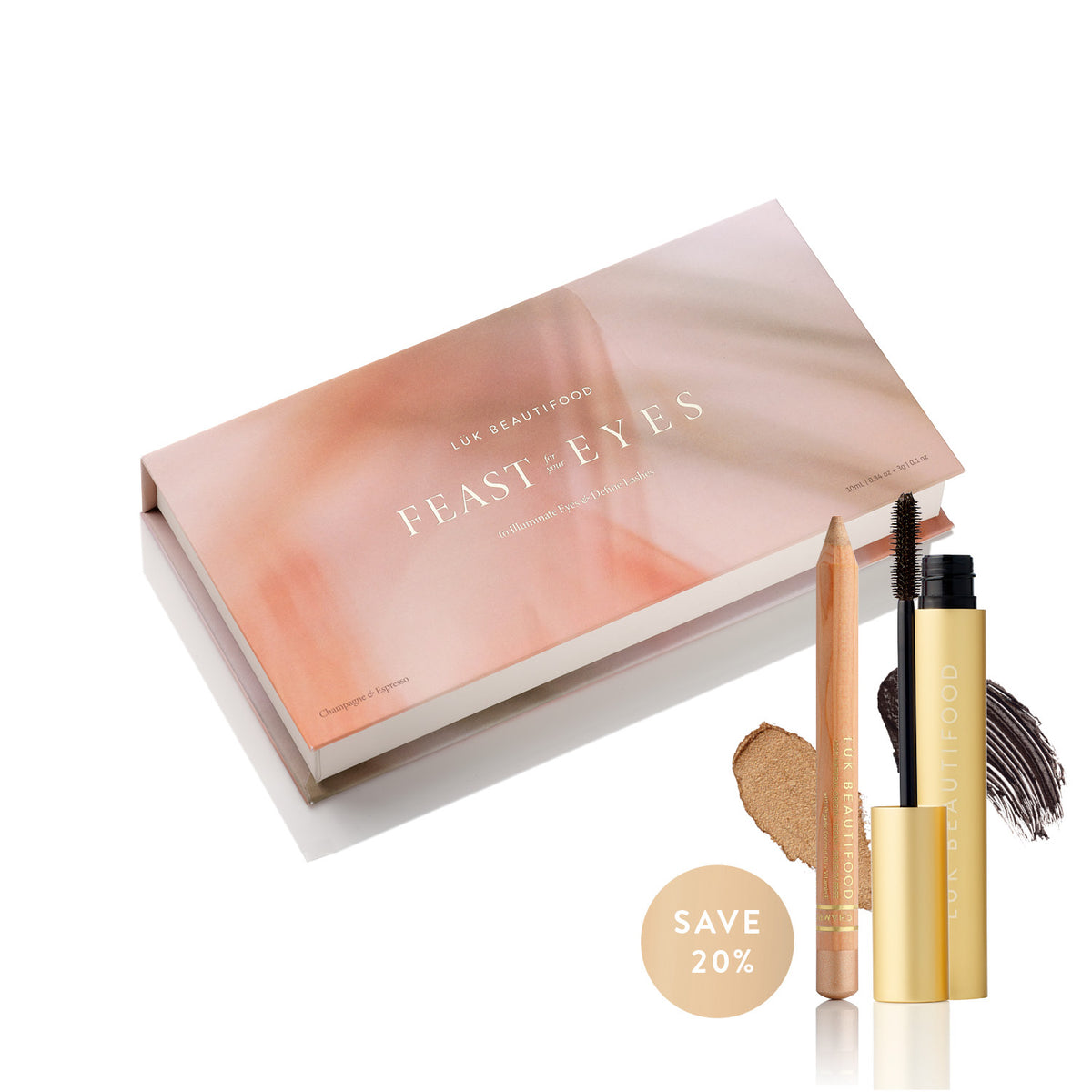 Lük Beautifood Feast for Your Eyes Christmas gift set — Champagne Luminous Eye Crayon and Espresso Lash Nourish Mascara in gift box