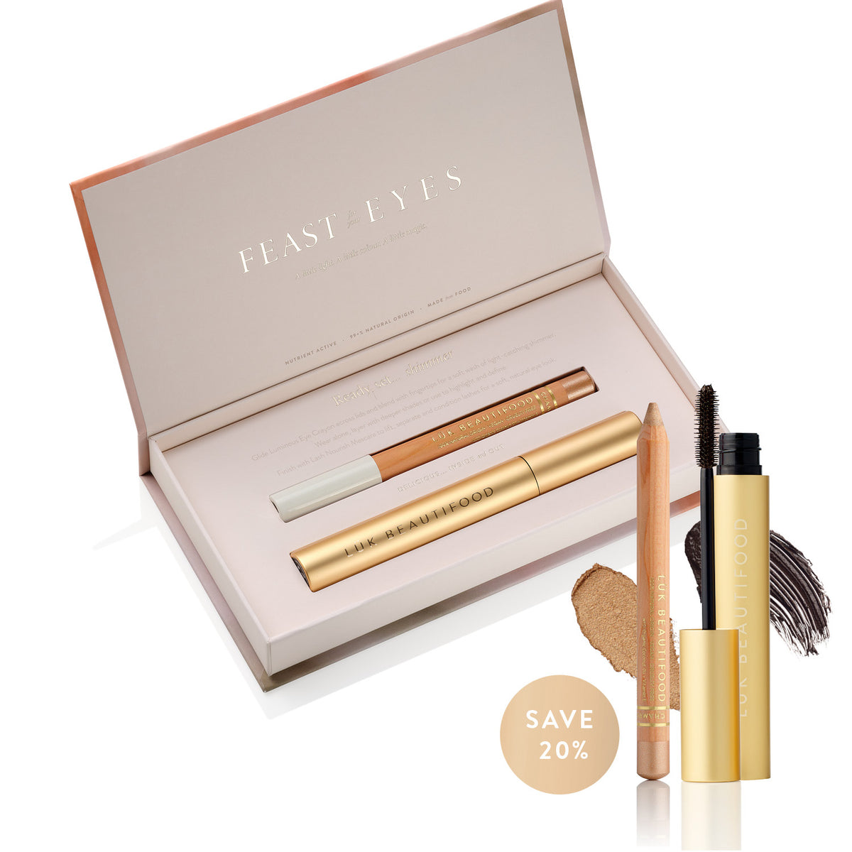 Feast for Your Eyes gift box open — Champagne Luminous Eye Crayon and Espresso Lash Nourish Mascara