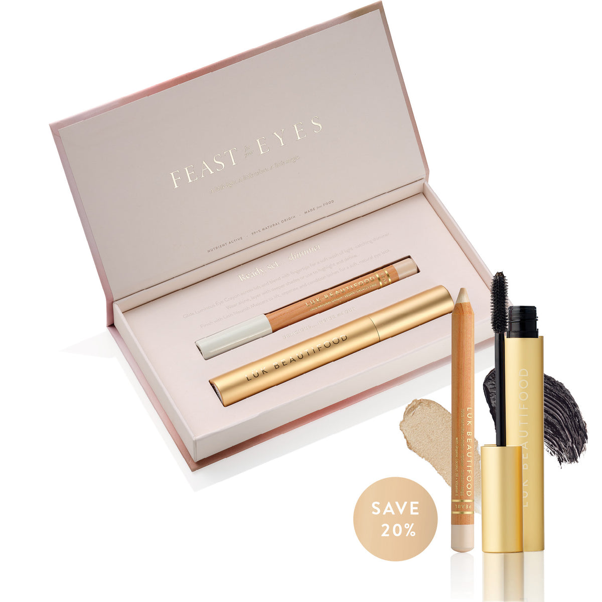 Feast for Your Eyes gift box open — Pearl Luminous Eye Crayon and Black Tea Lash Nourish Mascara