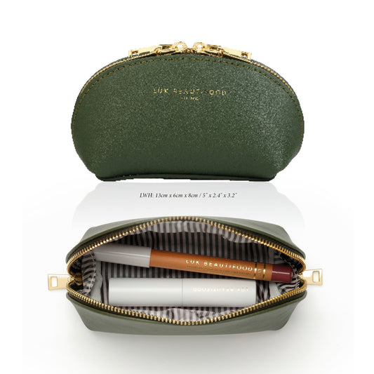 Lük Beautifood forest green vegan leather makeup bag, a Christmas gift with purchase, shown open and closed