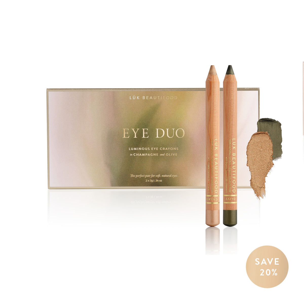 Lük Beautifood Golden Olive Eye Duo Christmas gift set — Olive and Champagne eye crayons with gift box and swatches