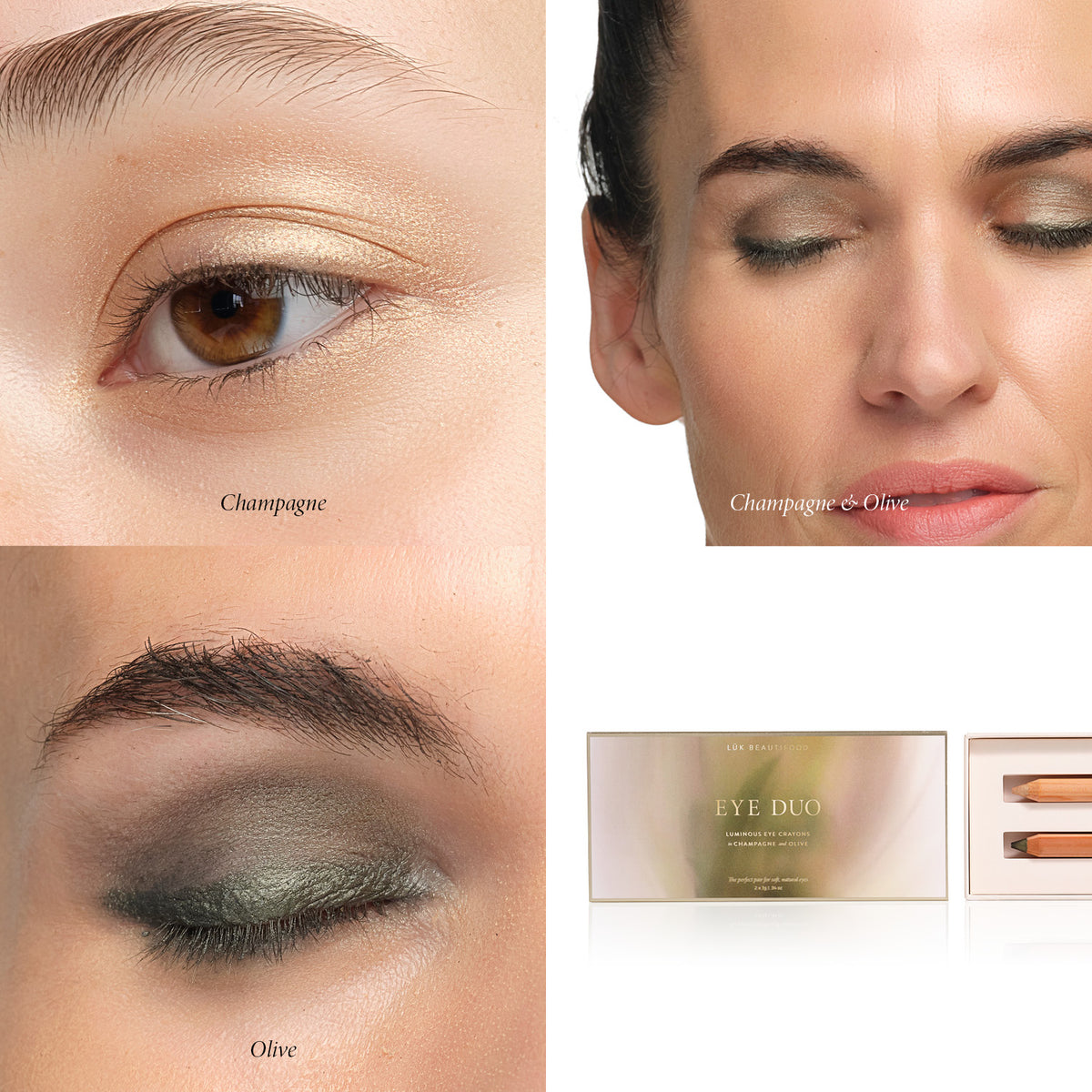 Golden Olive Eye Duo on the eye — Olive and Champagne Luminous Eye Crayons