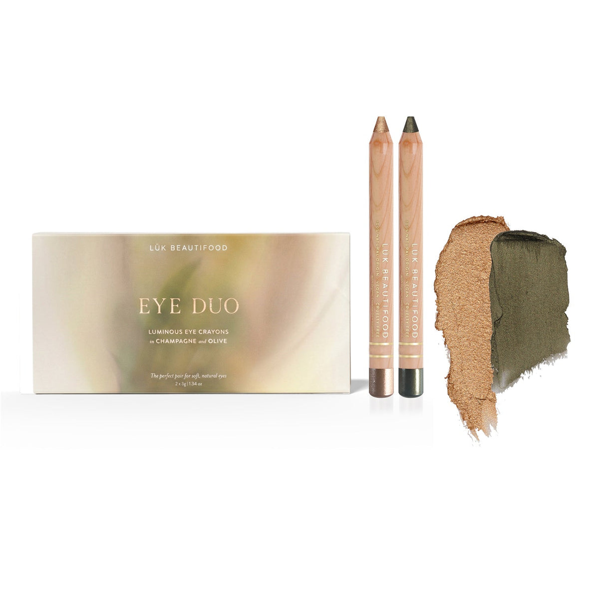 Lük Beautifood Luminous Eye Duo Gift Set in Golden Olive — Olive and Champagne eye crayons