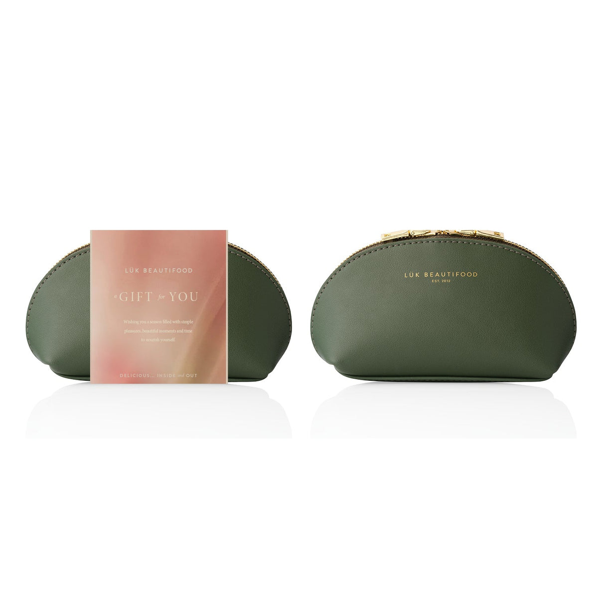 Lük Beautifood keepsake cosmetic purse in forest green vegan leather with gold zip, Christmas 2026 gift with purchase