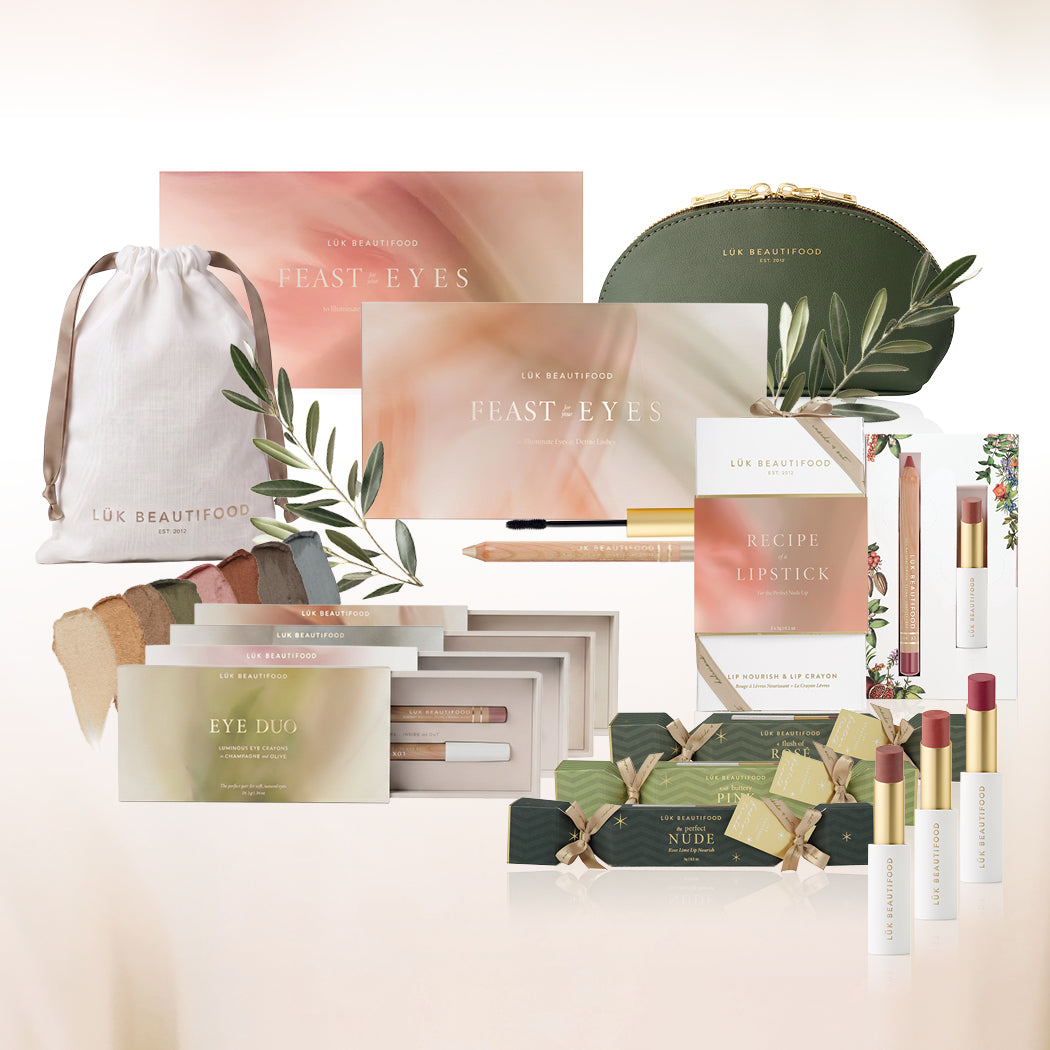 Lük Beautifood Christmas Gift Collection 2026 — natural beauty gift sets boxed with ribbon and gift tag