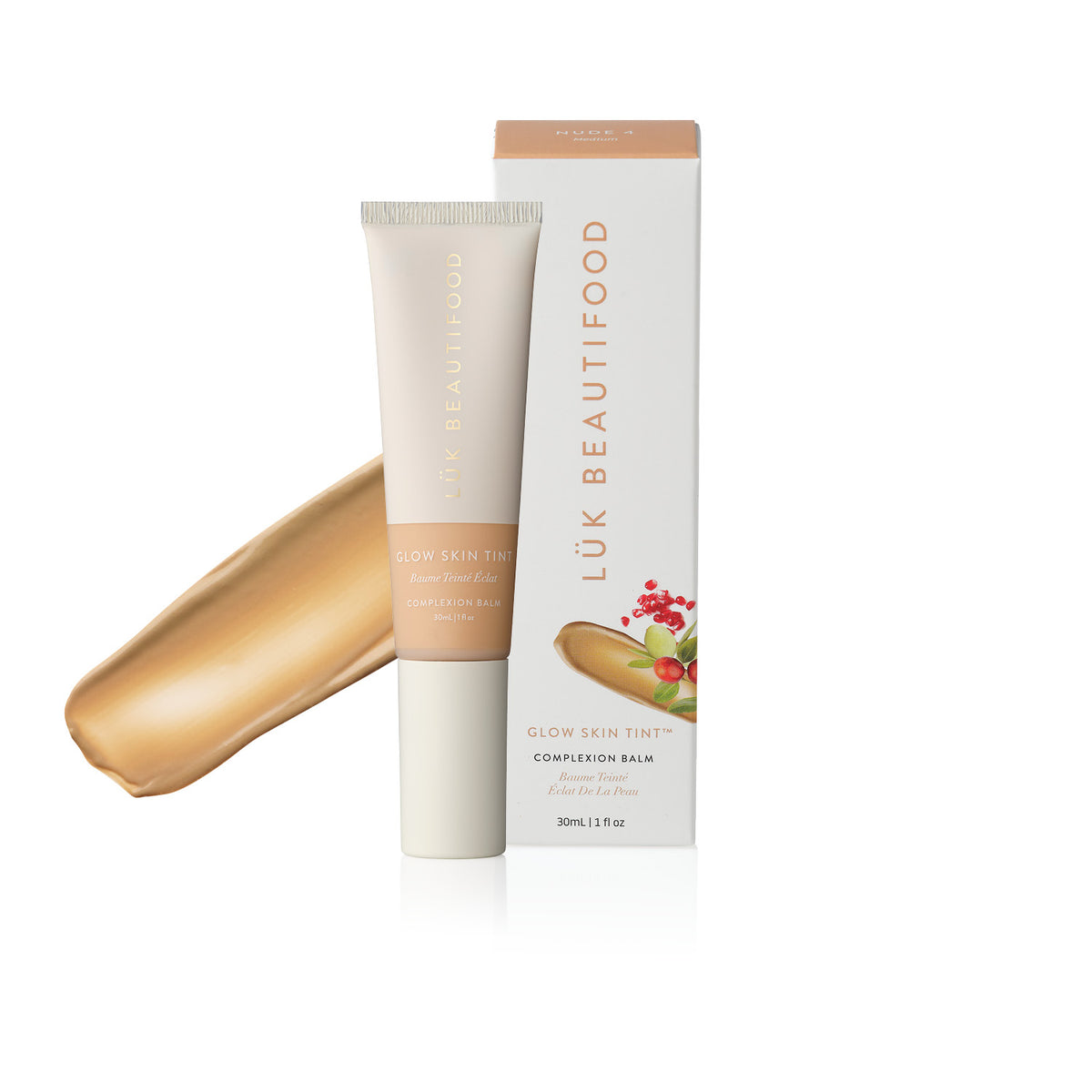 LÜK Beautifood Instant Glow Skin Tint in Nude 4 Medium, tube and box with a swatch of the tinted complexion balm