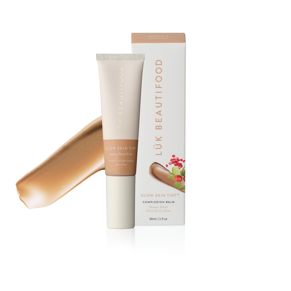 LÜK Beautifood Instant Glow Skin Tint in Nude 5 Medium Tan, tube and box with a swatch of the tinted complexion balm