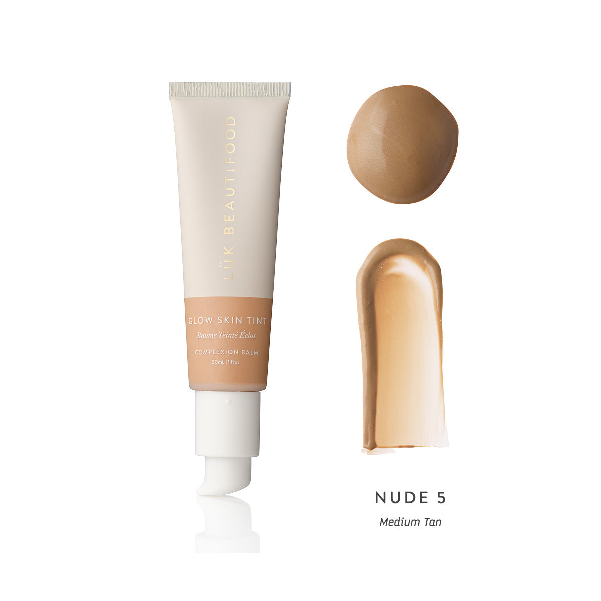 LÜK Beautifood Instant Glow Skin Tint Nude 5 Medium Tan tube with shade swatch