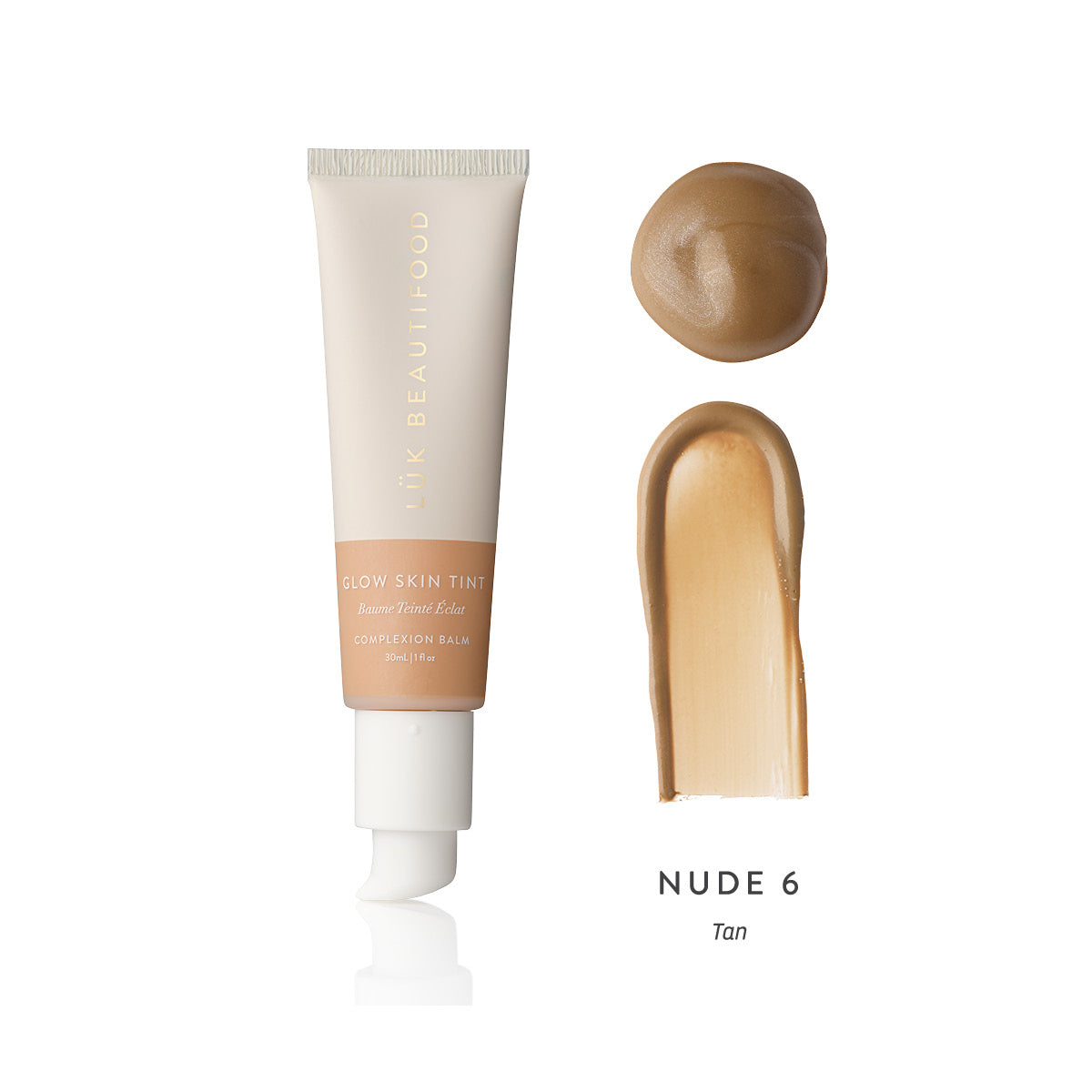 LÜK Beautifood Instant Glow Skin Tint Nude 6 Tan tube with shade swatch