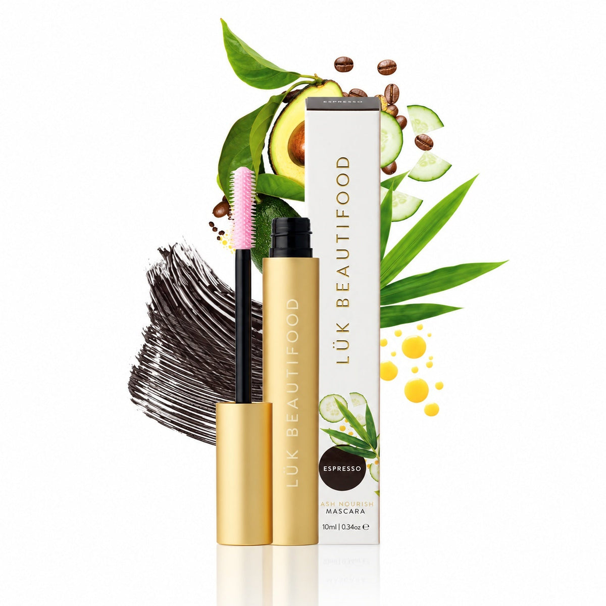 Lük Beautifood Lash Nourish natural mascara in Espresso, dark brown swatch and pink hourglass brush, with avocado, cucumber and coffee beans