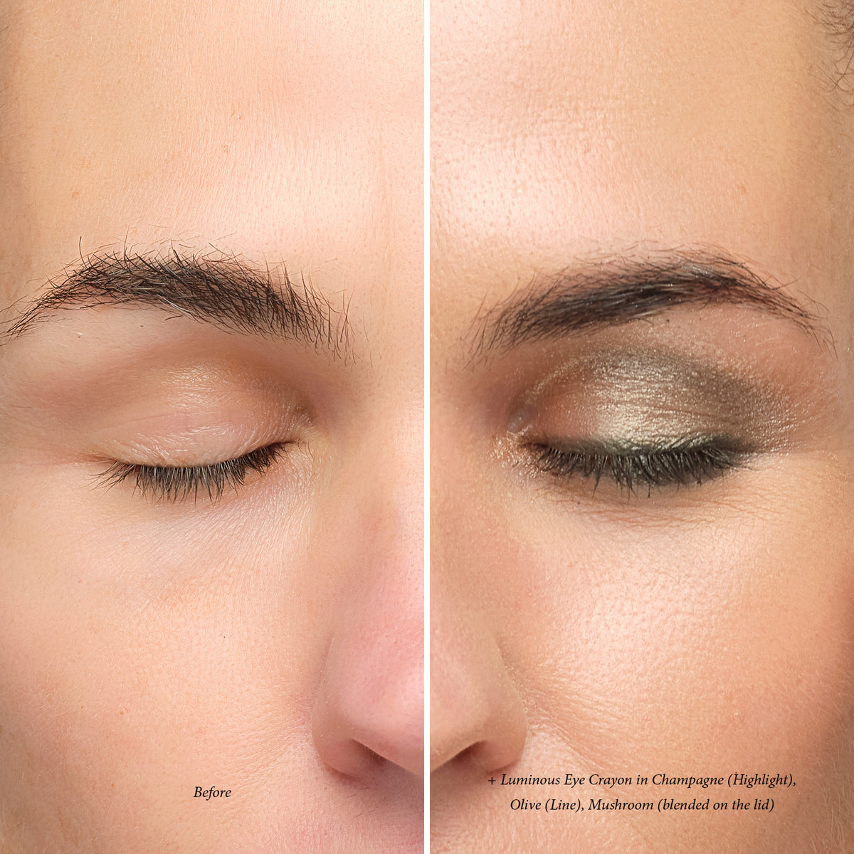 Before and after: Lük Beautifood Luminous Eye Crayon in Champagne as highlight, Olive as liner and Mushroom blended on the lid