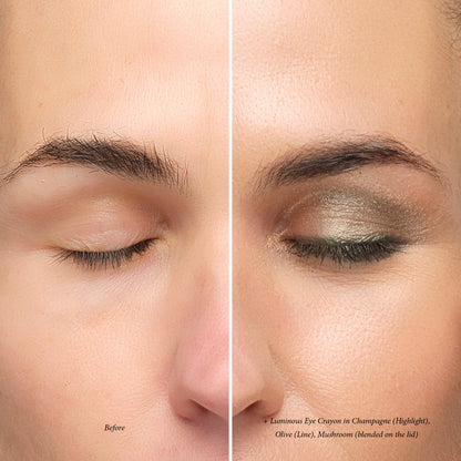 Before and after: Lük Beautifood Luminous Eye Crayon in Champagne as highlight, Olive as liner and Mushroom blended on the lid