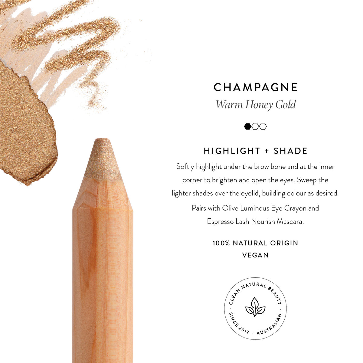Lük Beautifood Luminous Eye Crayon in Champagne shade guide — a warm honey gold with swatch and how to wear it