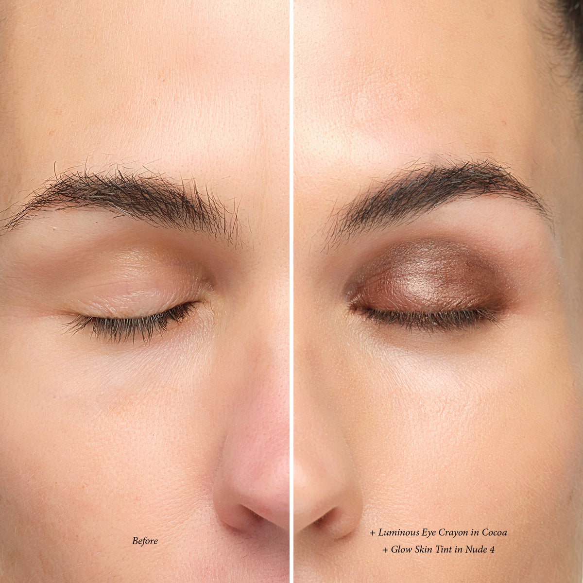 Before and after: Lük Beautifood Luminous Eye Crayon in Cocoa with Glow Skin Tint