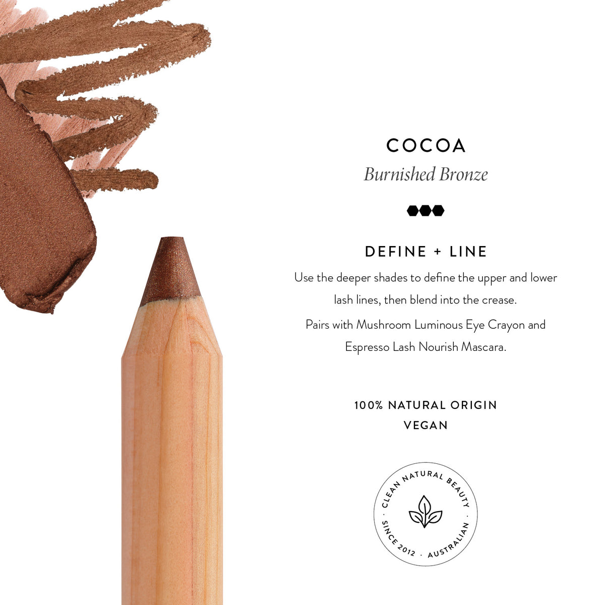 Lük Beautifood Luminous Eye Crayon in Cocoa shade guide — a burnished bronze with swatch and how to wear it