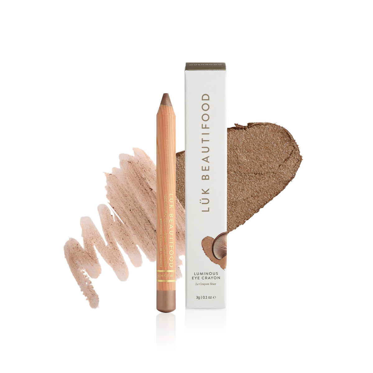 Lük Beautifood Luminous Eye Crayon in Mushroom, a warm rosy taupe, shown with swatch