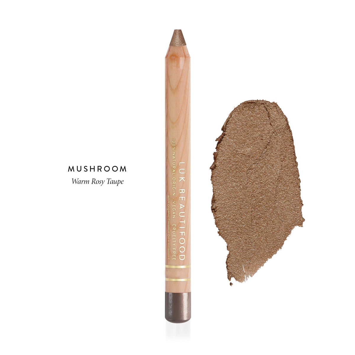 Lük Beautifood Luminous Eye Crayon in Mushroom, a warm rosy taupe, shown with swatch
