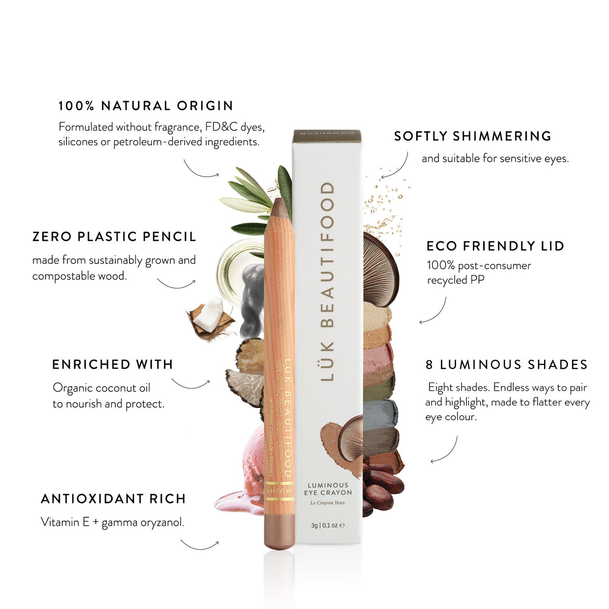 Lük Beautifood Luminous Eye Crayon features — 100% natural origin, softly shimmering, antioxidant rich, enriched with organic coconut oil, eight luminous shades