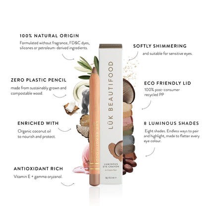 Lük Beautifood Luminous Eye Crayon features — 100% natural origin, softly shimmering, antioxidant rich, enriched with organic coconut oil, eight luminous shades