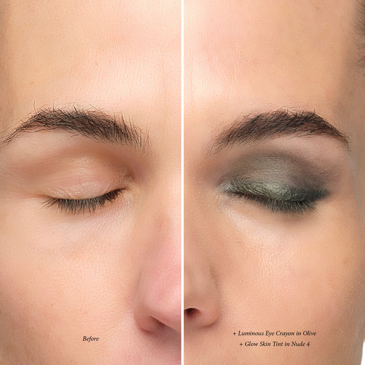 Before and after: Lük Beautifood Luminous Eye Crayon in Olive with Glow Skin Tint