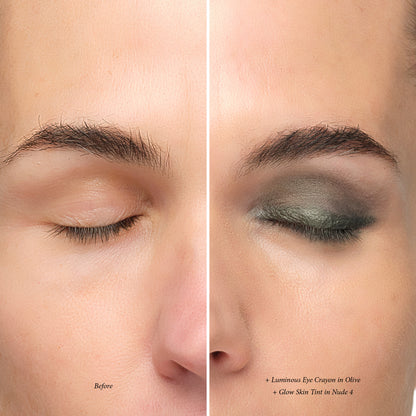 Before and after: Lük Beautifood Luminous Eye Crayon in Olive with Glow Skin Tint