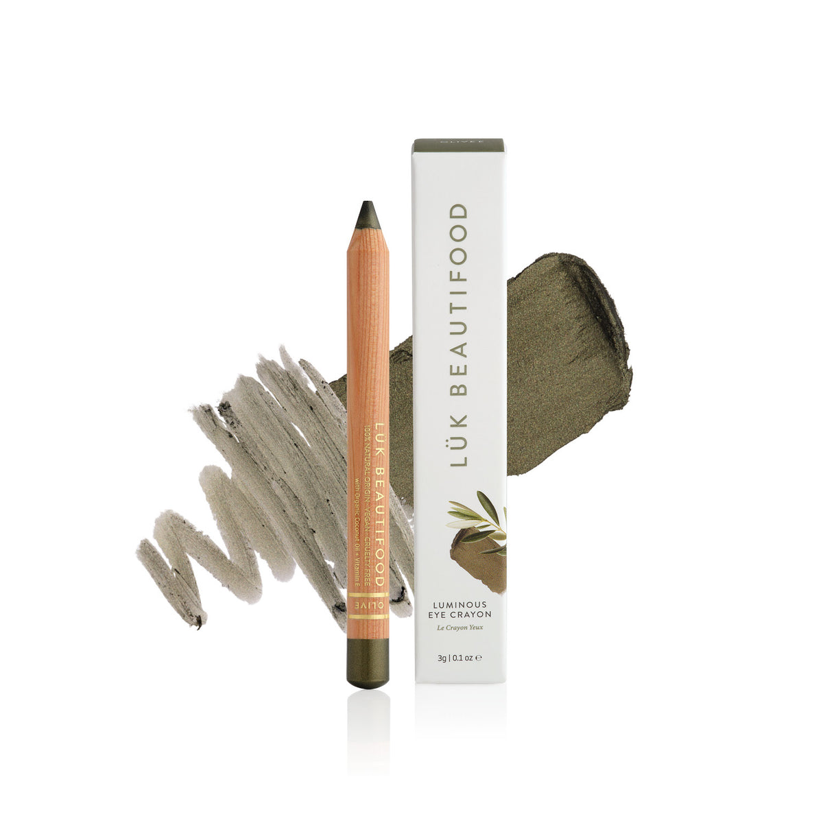 Lük Beautifood Luminous Eye Crayon in Olive, a dark khaki green, shown with swatch