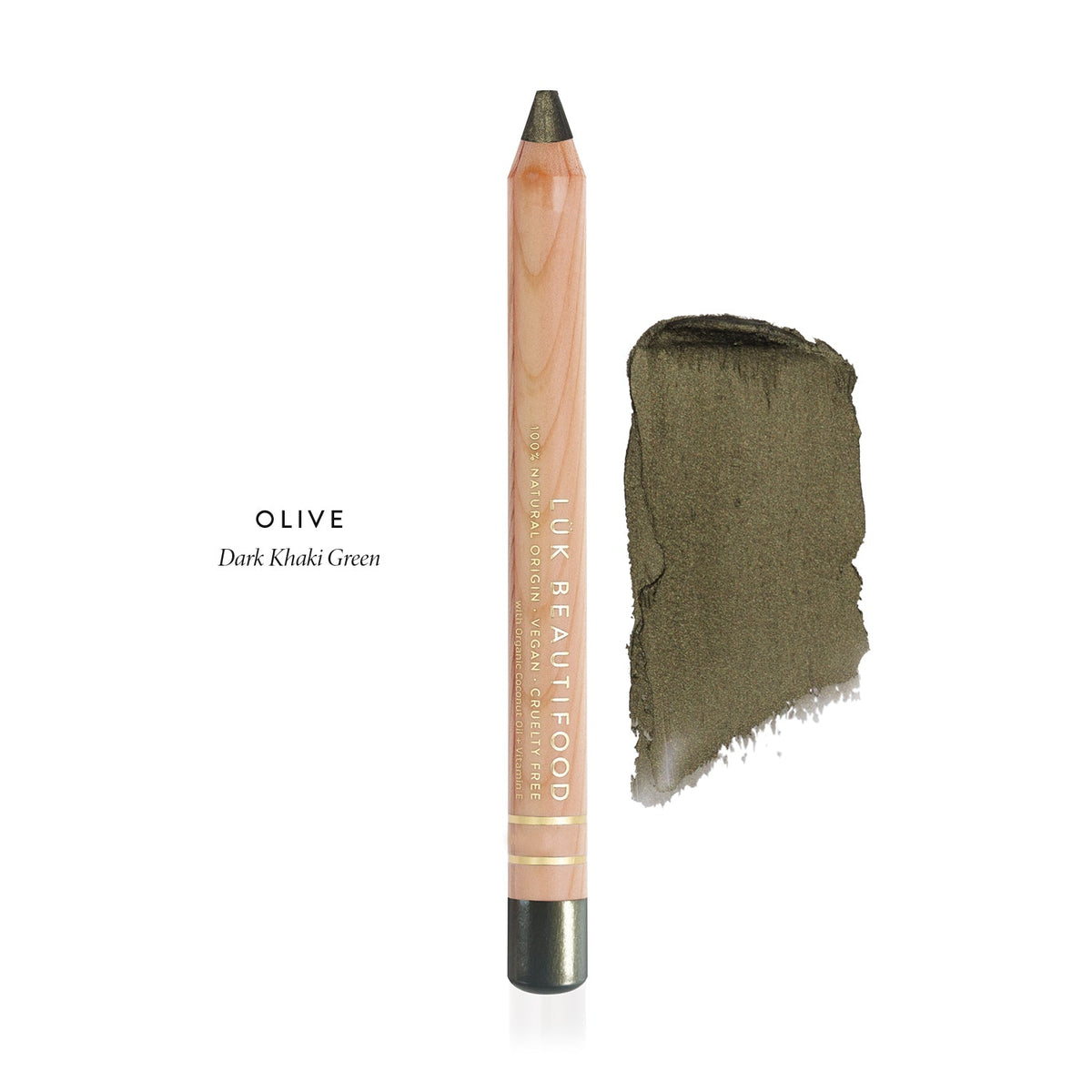 Lük Beautifood Luminous Eye Crayon in Olive, a dark khaki green, shown with swatch
