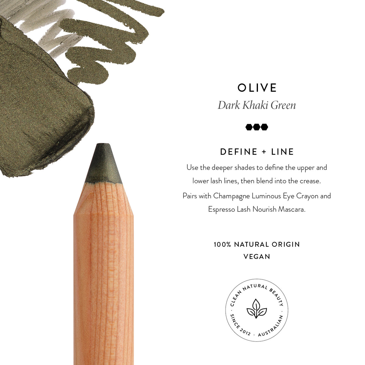 Lük Beautifood Luminous Eye Crayon in Olive shade guide — a dark khaki green with swatch and how to wear it