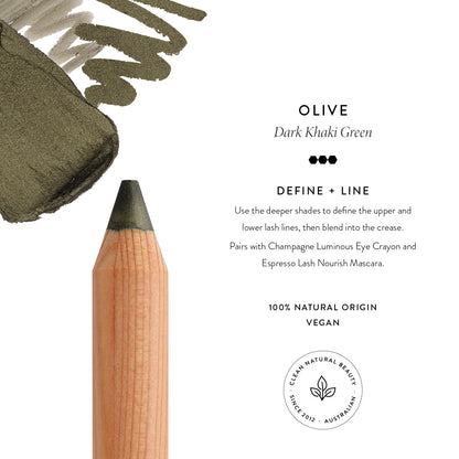 Lük Beautifood Luminous Eye Crayon in Olive shade guide — a dark khaki green with swatch and how to wear it