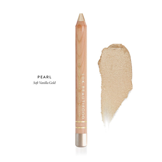 LÜK Beautifood Luminous Eye Crayon in Pearl, soft vanilla gold, shown with swatch