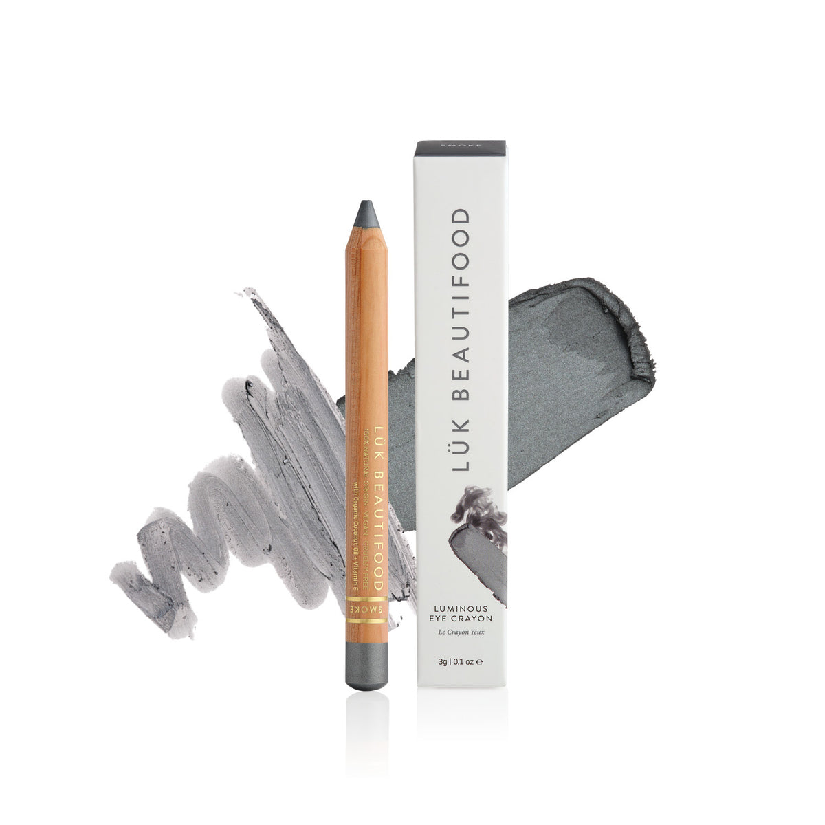 Lük Beautifood Luminous Eye Crayon in Smoke, a deep silver grey, shown with swatch