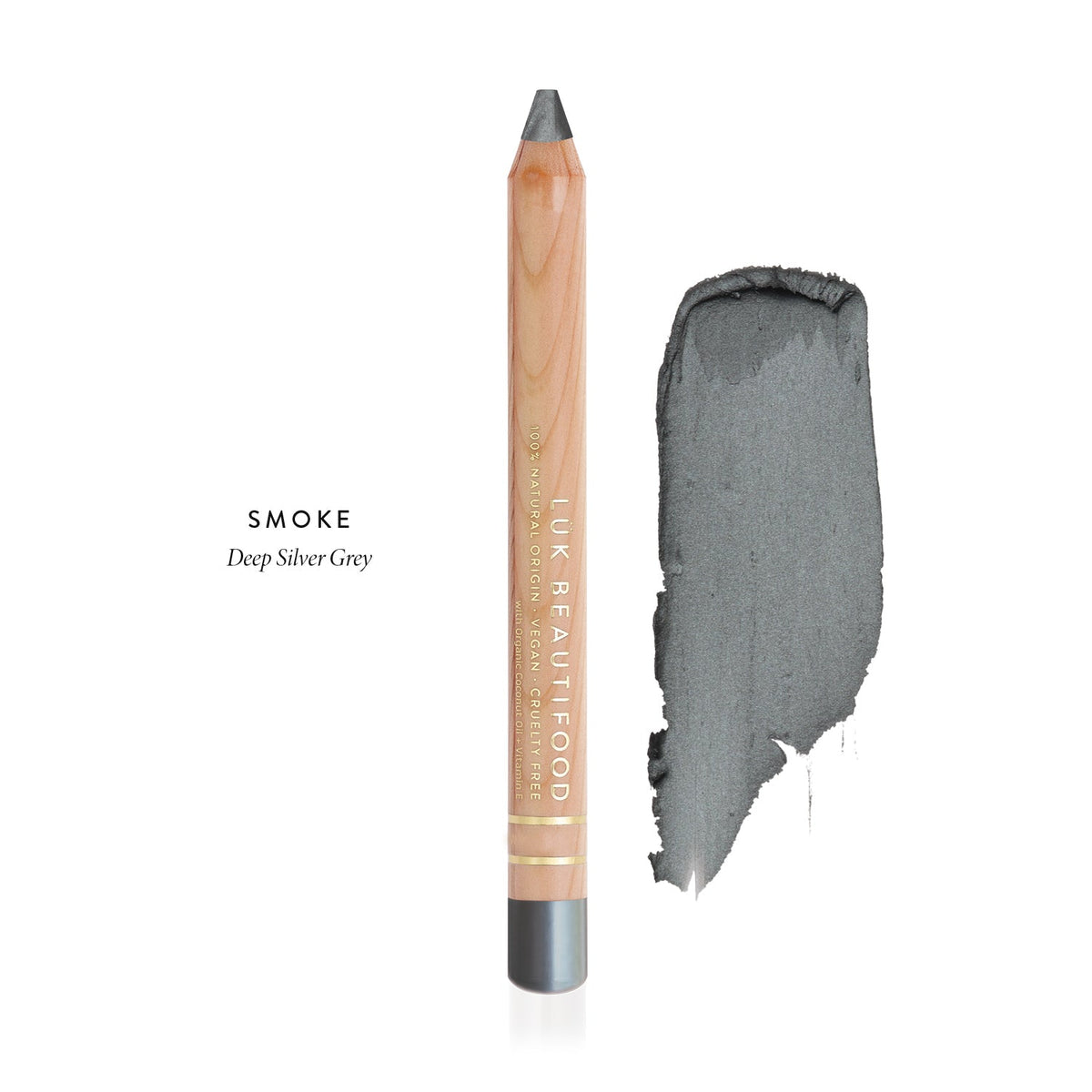 Lük Beautifood Luminous Eye Crayon in Smoke, a deep silver grey, shown with swatch