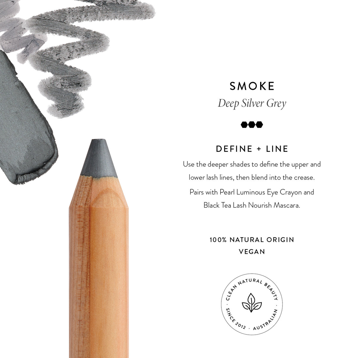 Lük Beautifood Luminous Eye Crayon in Smoke shade guide — a deep silver grey with swatch and how to wear it