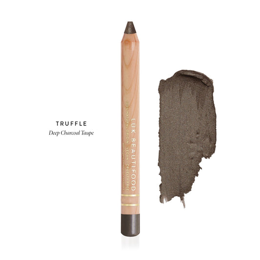 LÜK Beautifood Luminous Eye Crayon in Truffle, deep charcoal taupe, shown with swatch