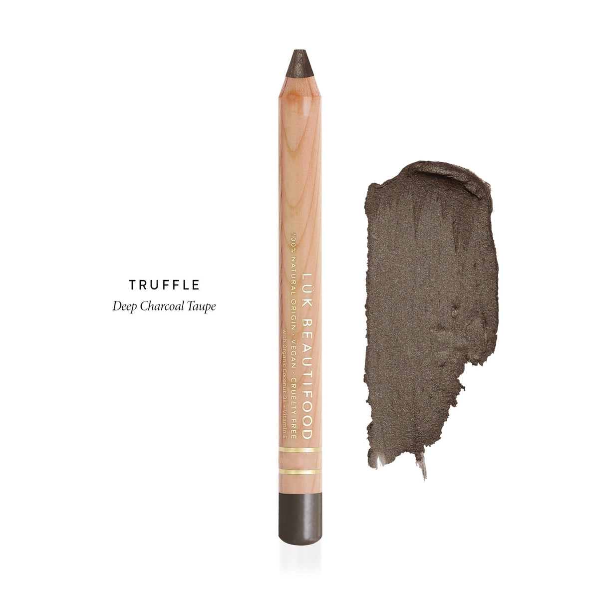 Lük Beautifood Luminous Eye Crayon in Truffle, a deep charcoal taupe, shown with swatch