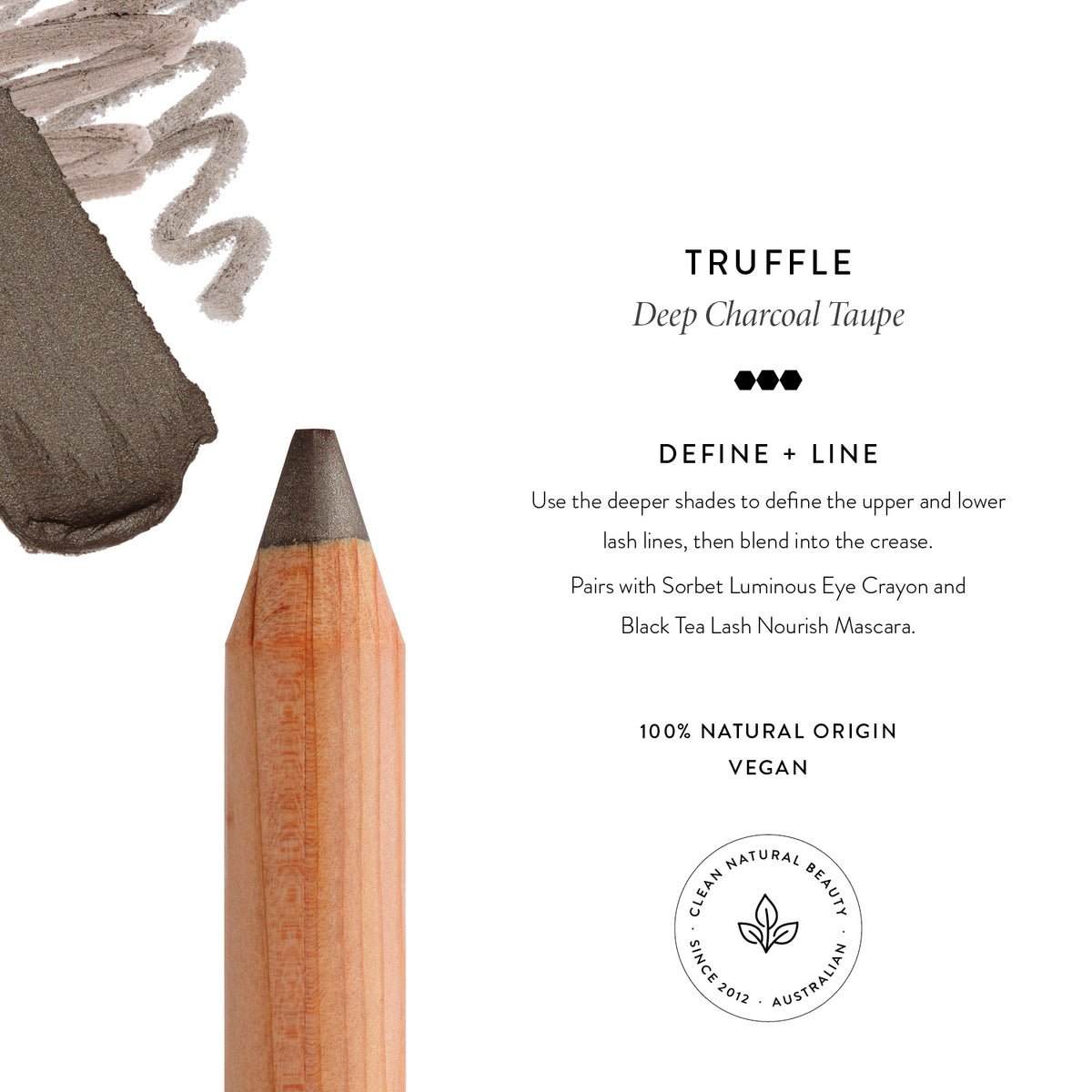 Lük Beautifood Luminous Eye Crayon in Truffle shade guide — a deep charcoal taupe with swatch and how to wear it