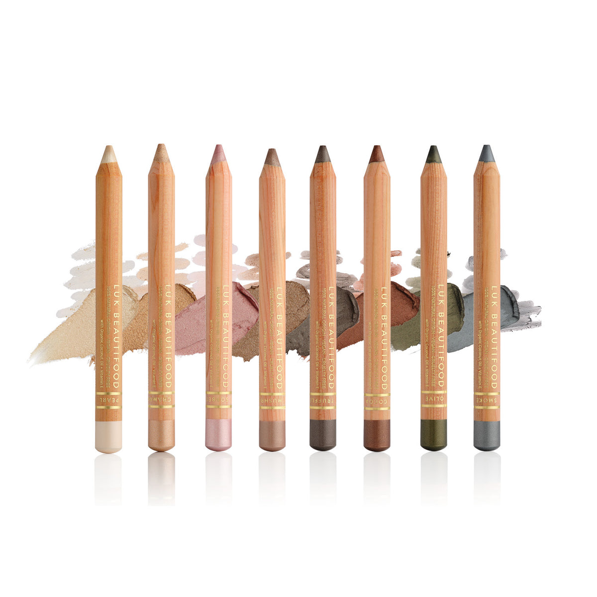 All eight Lük Beautifood Luminous Eye Crayon shades lined up with their swatches