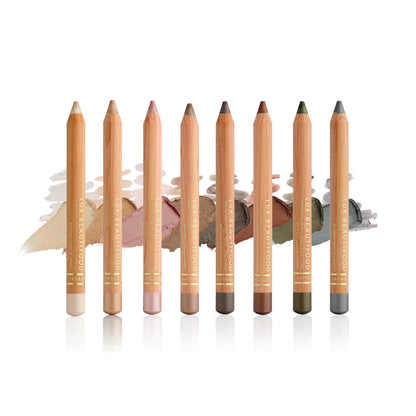 All eight Lük Beautifood Luminous Eye Crayon shades lined up with their swatches