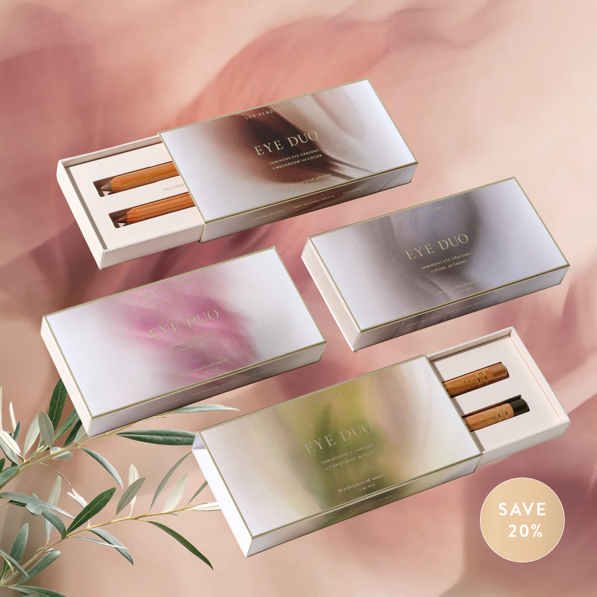 All four Lük Beautifood Luminous Eye Duo Gift Sets for Christmas 2026 — Golden Olive, Soft Smoke, Warm Cocoa and Soft Taupe